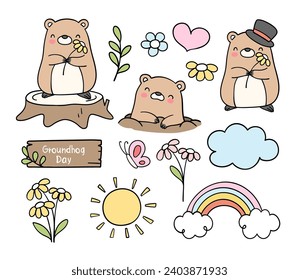 Draw vector illustration character collection happy groundhog day February to greet spring Doodle cartoon style