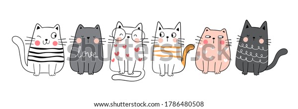 Draw vector illustration character collection cute\
cat.Doodle cartoon style.