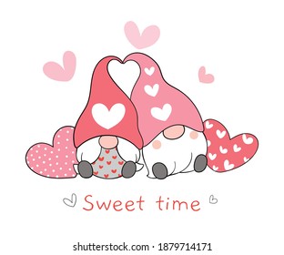 Draw vector illustration character couple love gnomes with heart for Valentine day.Cartoon style.