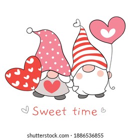 Draw vector illustration character couple love gnomes with red heart for Valentine day.Cartoon style.