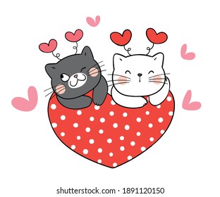 Draw vector illustration character couple love of cat with red heart for Valentine day.Cartoon style.