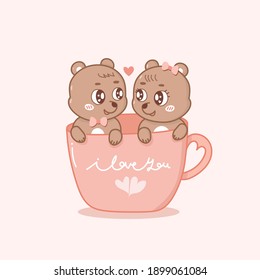 Dibujar ilustración vectorial de la pareja amor por el gato en una taza de té. Aislar el estilo blanco de dibujos animados tan dulces.