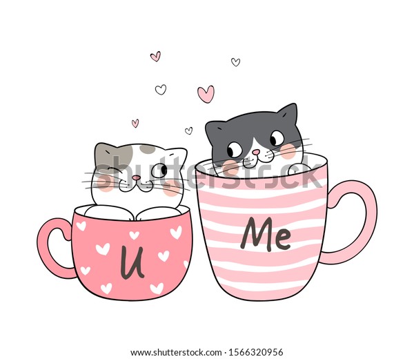 お茶のカップに猫が好きなベクターイラストキャラクターカップルを描く 白い背景に切り分けると とても甘い 落書き風漫画 のベクター画像素材 ロイヤリティフリー