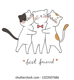 Draw vector illustration character cute hug with love and word best friend.Doodle style.