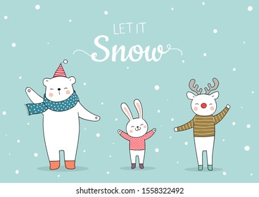 Draw vector illustration character cute animal in snow for Christmas and new year.Doodle cartoon style.