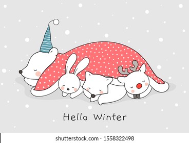 Draw vector illustration character cute animal sleep in snow for Christmas and new year.Doodle cartoon style.