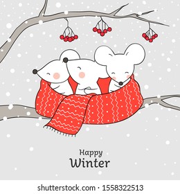 Draw vector illustration character cute rat in red scarf for Christmas and new year.Doodle cartoon style.
