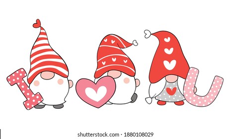 Draw vector illustration character cute gnomes with word I love you Valentine day concept.Cartoon style.