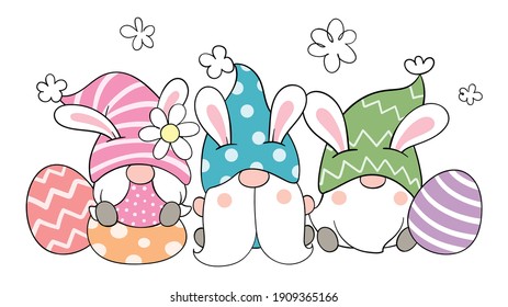 Draw vector illustration character cute gnomes with eggs for Easter and spring season Printable T shirt.  Cartoon style.