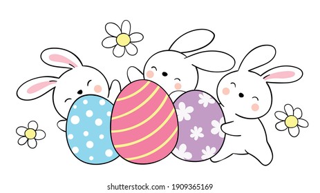 Draw vector illustration character cute bunny with eggs for Easter and spring season. Doodle cartoon style.