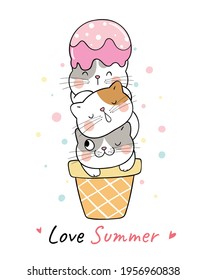 Draw vector illustration character cute cat on sweet ice cream For summer Doodle cartoon style