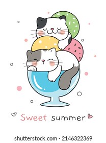 Draw vector illustration character cute cat in sweet ice cream for summer Doodle cartoon style