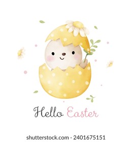 Draw vector illustration character cute bunny in egg with flower For Easter Spring Invitation card Poster Template Watercolor style