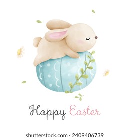 Draw vector illustration character cute bunny sleep on egg For Easter Spring Invitation card Poster Template Watercolor style