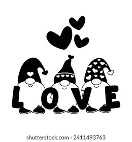 Draw vector illustration character cute gnomes for Valentine day, Silhouette Love Valentine Gnomes, Vector Files for Cricut