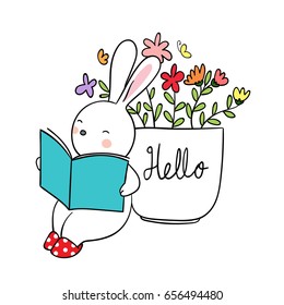 Draw vector illustration character of cute rabbit happy to read and beauty flowers.