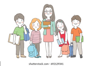 Draw Vector Illustration Character Cute Boy And Girl With Teacher In School For Teacher's Day Doodle Cartoon Style.