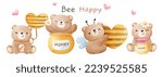 Draw vector illustration character design banner cute bear  with honey bee for spring and summer  Watercolor style