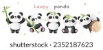 Draw vector illustration character design banner lovey panda with bamboo For birthday kids Watercolor style