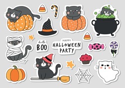 Draw Vector Illustration Character Design Collection Stickers Cute Cat For Halloween Doodle Cartoon Style