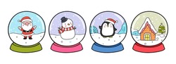Draw Vector Illustration Character Design Snow Globes Cute Penguinn Snowman Christmas And Winter Doodle Cartoon Style
