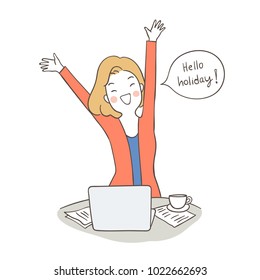 Draw vector illustration character design business concept happy woman say hello holiday word in speech bubble at her desk.Doodle cartoon style.