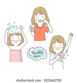 Draw vector illustration character design children health care,A girl taking a shower,brushing teeth and wash hair.Doodle cartoon style.