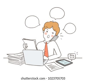 Draw vector illustration character design busy business man talking on the phone and many documents,speech bubble at his desk.Doodle cartoon style.