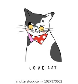 Draw vector illustration character design of cute cat and word love with beauty scarf.Doodle cartoon style.