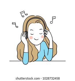 Draw vector illustration character design cute girl listening music with headphone in relax time,so happy.Doodle cartoon style.