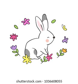 Draw vector illustration character design cute rabbit with colorful flower Decorate for spring season. Doodle cartoon style.