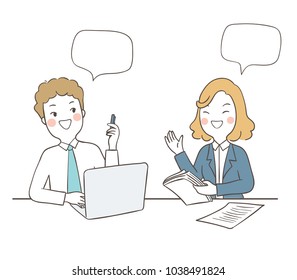 Draw vector illustration character design business concept man and woman talking about new job with blank speech bubble.Doodle cartoon style.