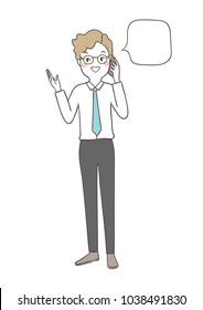 Draw vector illustration character design business man standing and talking on the phone explain something with blank speech bubble.Doodle cartoon style.