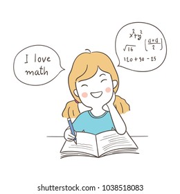 Draw vector illustration character design happy girl has to do homework and Saying I love math in speech bubble.Doodle cartoon style.