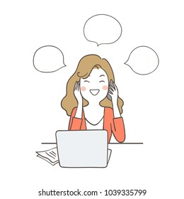 Draw vector illustration character design business woman talking on the phone at her desk and blank speech bubble.Doodle cartoon style.