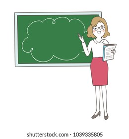 Draw vector illustration character design happy teacher holding book and teaching front blank space blackboard.Decorate for school.Doodle cartoon style.