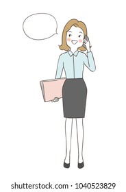 Draw vector illustration character design business woman talking on the phone explain something and holding documents with blank speech bubble.Doodle cartoon style.