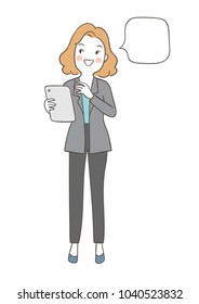 Draw vector illustration character design business woman working with tablet in her hand and blank speech bubble.Doodle cartoon style.