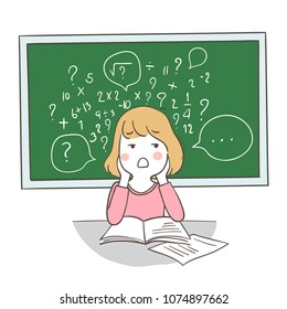 Draw vector illustration character design a girl confused about math on blackboard.Isolated on white color.Doodle cartoon style.