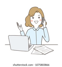 Draw vector illustration character design business woman talking on the phone at her desk.Isolated on white color.Doodle cartoon style.