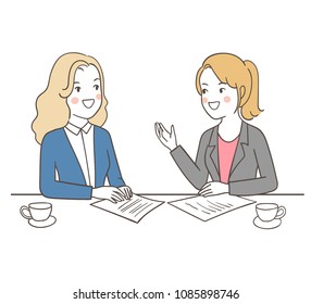 Draw vector illustration character design business woman talking about new project with blank speech bubble.Isolated on white.Doodle cartoon style.