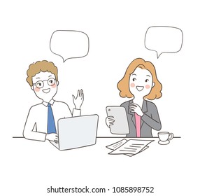 Draw vector illustration character design business concept man and woman talking about new project with blank speech bubble.Isolated on white.Doodle cartoon style.