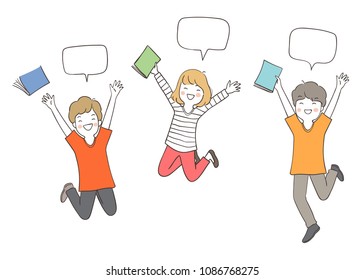 Draw vector illustration character design happy students jumping and holding book for back to school.Isolated on white.Doodle cartoon style.