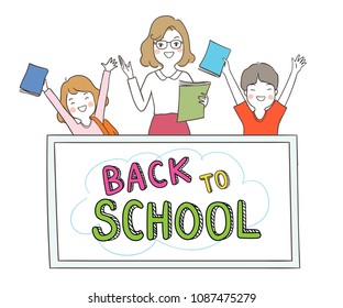 Draw vector illustration character design happy students and teacher stand behind white board and write back to school.Isolated on white.Doodle cartoon style.