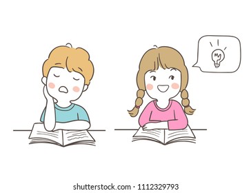 Draw vector illustration character design a girl and a boy to do homework Isolated on white Doodle cartoon style