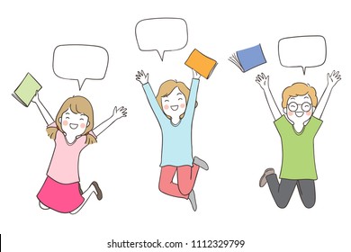 Draw vector illustration character design happy students jumping and holding book for back to school.Isolated on white.Doodle cartoon style.