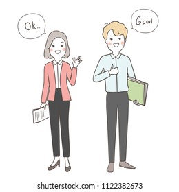 Draw vector illustration character design business man and woman saying with speech bubble.Isolated on white.Doodle cartoon style.