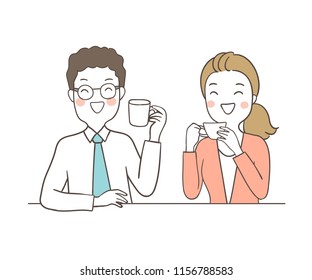 Draw vector illustration character design business man and woman drink coffee in relax time.Isolated on white.Doodle cartoon style.
