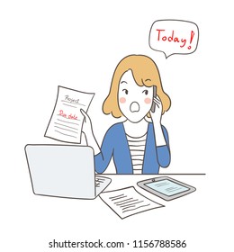 Draw vector illustration character design business woman talking on the phone at so busy.Isolated on white.Doodle cartoon style.