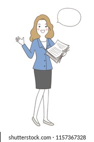 Draw vector illustration character design business woman holding paper with speech bubble.Isolated on white.Doodle cartoon style.